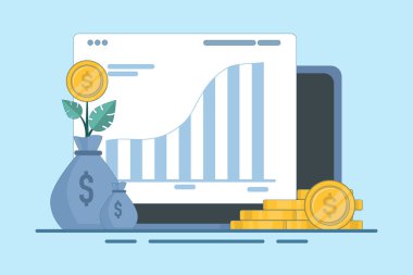 Dijital finansal büyüme kavramı, bilgisayarlı veya dizüstü bilgisayarlı çevrimiçi finans sistemi analizi, web rapor paneli ve iş dünyası finans yatırımlarında veri analizi ve izleme. Düz Çizim.