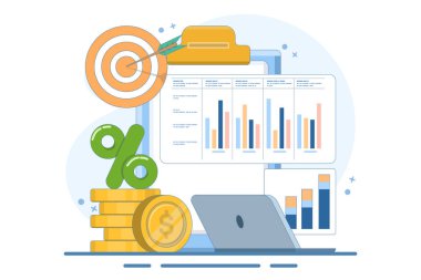 Finansal konsept, satış stratejisi, takım çalışması, şirket bütçesi, gelir artışı, yatırım sektörü, artan şirket sonuçları. Web sitesi iniş sayfası için düz vektör pankartı. düz vektör illüstrasyonu.
