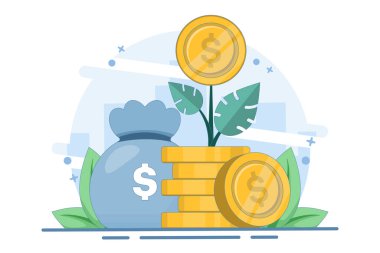 Para ya da finansal başarı kavramı, para büyümesi, başarılı yatırım, büyüyen servet ya da zengin olmak, izole edilmiş arka planda altın sikkeleri olan genç bitki, dijital pazarlama illüstrasyonu.