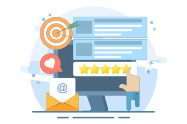 En iyi kalite konsepti, en yüksek değer, çevrimiçi müşteri değerlendirmeleri, ürün ve hizmet değerlendirmeleri, elle tıklama, en yüksek derecelendirme, itibar sistemi programı. Arkaplanda düz vektör illüstrasyonu.