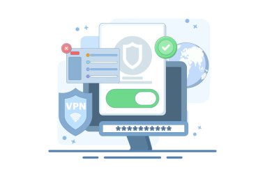 VPN Servis Konsepti. Sanal özel ağ erişimi. Bilgisayar ağları ve bilgisayar cihazları arasında güvenli internet bağlantısı ve gizlilik koruması. Arkaplanda düz vektör illüstrasyonu.