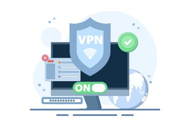 VPN Servis Konsepti. Sanal özel ağ erişimi. Bilgisayar ağları ve bilgisayar cihazları arasında güvenli internet bağlantısı ve gizlilik koruması. Arkaplanda düz vektör illüstrasyonu.