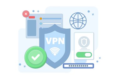 VPN Servis Konsepti. Sanal özel ağ erişimi. Bilgisayar ağları ve bilgisayar cihazları arasında güvenli internet bağlantısı ve gizlilik koruması. Arkaplanda düz vektör illüstrasyonu.