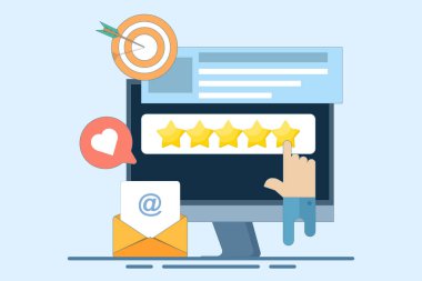 En iyi kalite konsepti, en yüksek değer, çevrimiçi müşteri değerlendirmeleri, ürün ve hizmet değerlendirmeleri, elle tıklama, en yüksek derecelendirme, itibar sistemi programı. Arkaplanda düz vektör illüstrasyonu.