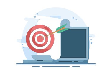 Başarılı iş hedefi veya nesnel konsept, bilgisayar ekranındaki hedef, dijital pazarlama tanıtımı, iyi çevrimiçi kampanya veya strateji, İnternet hedef kitlesi, görev başarısı.