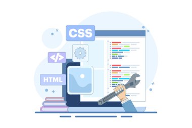 Web geliştirme konsepti. Dil programlama. CSS, HTML, IT, UI. Programcı web sitesi geliştiriyor, kodluyor. Pankart. Beyaz arkaplanda düz vektör illüstrasyonu.