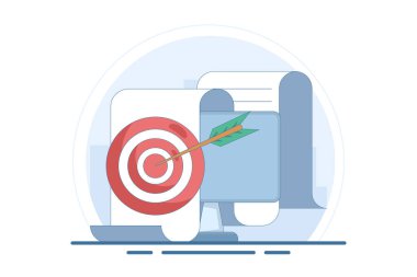 Başarılı iş hedefi veya nesnel konsept, bilgisayar ekranındaki hedef, dijital pazarlama tanıtımı, iyi çevrimiçi kampanya veya strateji, İnternet hedef kitlesi, görev başarısı.