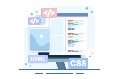 Web geliştirme konsepti. Dil programlama. CSS, HTML, IT, UI. Programcı web sitesi geliştiriyor, kodluyor. Pankart. Beyaz arkaplanda düz vektör illüstrasyonu.