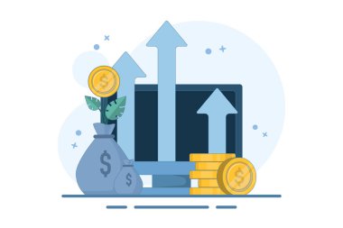 Para ya da finansal başarı kavramı, para büyümesi, başarılı yatırım, büyüyen servet ya da zengin olmak, izole edilmiş arka planda altın sikkeleri olan genç bitki, dijital pazarlama illüstrasyonu.