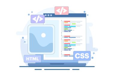 Web geliştirme konsepti. Dil programlama. CSS, HTML, IT, UI. Programcı web sitesi geliştiriyor, kodluyor. Pankart. Beyaz arkaplanda düz vektör illüstrasyonu.