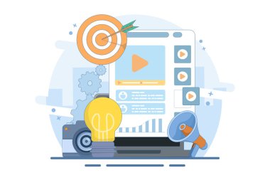 Video pazarlama etkileyicisi konsepti. Ödül kazanan reklam, film sektörü. Video promosyonu. Sosyal medya stratejisi, internet reklamcılığı. Düz tasarım iniş sayfası illüstrasyonu.