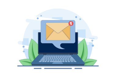 Ekranda yeni e-posta bildirim konsepti, e-posta pazarlama düz illüstrasyon, çevrimiçi iş stratejisi, reklamcılık, e-posta bülteni, mesaj gönderme, pazarlama materyalleri. Düz vektör illüstrasyonu.