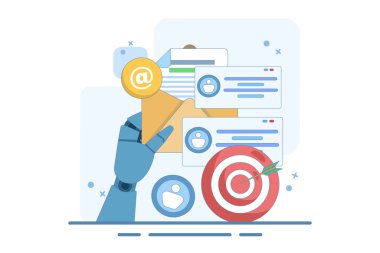 Hedef kitleye e-posta pazarlaması, çevrimiçi iş stratejisi, reklamcılık, e-posta bülteni, mesajlar, pazarlama materyalleri, afişler kullanarak yaklaşma kavramı. Düz vektör illüstrasyonu.