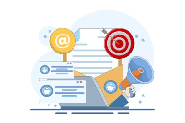 Hedef kitleye e-posta pazarlaması, çevrimiçi iş stratejisi, reklamcılık, e-posta bülteni, mesajlar, pazarlama materyalleri, afişler kullanarak yaklaşma kavramı. Düz vektör illüstrasyonu.