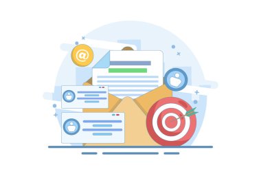 Hedef kitleye e-posta pazarlaması, çevrimiçi iş stratejisi, reklamcılık, e-posta bülteni, mesajlar, pazarlama materyalleri, afişler kullanarak yaklaşma kavramı. Düz vektör illüstrasyonu.