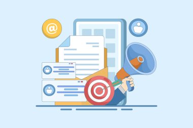 Hedef kitleye e-posta pazarlaması, çevrimiçi iş stratejisi, reklamcılık, e-posta bülteni, mesajlar, pazarlama materyalleri, afişler kullanarak yaklaşma kavramı. Düz vektör illüstrasyonu.
