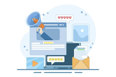 Blogger Concept, Blog içeriği, blog içeriği, web sayfaları, afişler, sunumlar, sosyal medya, belgeler, kartlar, posterler için paylaşım. Ticari blog yazıları, internet, seni tatmin edecek şeyler. Vektör illüstrasyonu.