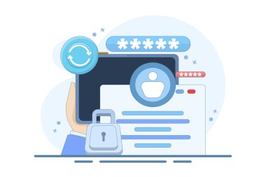 Şifre değiştirme kavramı. Sistem kodu ve anahtar. Güvenlik sistemi ve hesap korumasının güncellenmesi veya değiştirilmesi. Aygıttaki parolayı değiştirmenin çizimi. düz biçim tasarım vektör çizimi.
