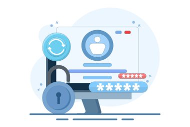 Şifre değiştirme kavramı. Sistem kodu ve anahtar. Güvenlik sistemi ve hesap korumasının güncellenmesi veya değiştirilmesi. Aygıttaki parolayı değiştirmenin çizimi. düz biçim tasarım vektör çizimi.