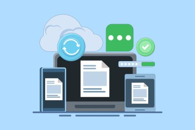 Bulut sunucu depolama konsepti, bulut sunucusuna veri yükleme, veri depolama ve işleme. Bulut servis ağı ve sunucu. Dosyalar kopyalanıyor. Bulut ev sahipliği. Düz vektör illüstrasyonu.