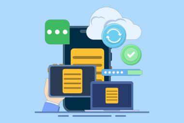 Bulut sunucu depolama konsepti, bulut sunucusuna veri yükleme, veri depolama ve işleme. Bulut servis ağı ve sunucu. Dosyalar kopyalanıyor. Bulut ev sahipliği. Düz vektör illüstrasyonu.