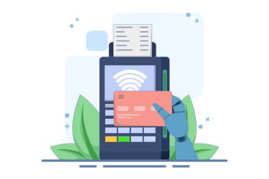Dijital ya da elektronik işlem konsepti, Temassız Ödeme. Ödemek için POS terminalinin yanındaki ödeme kartına el koyuyorum. NFC teknolojisiyle işlem. Arkaplanda düz vektör illüstrasyonu.