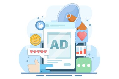 Sosyal medya reklam kavramı, daha fazla trafik, dönüşüm ve satış elde etmek için sosyal medya reklamları yapmak. Çevrimiçi yönetim ya da reklam. arkaplanda simgelerle düz vektör illüstrasyonu.