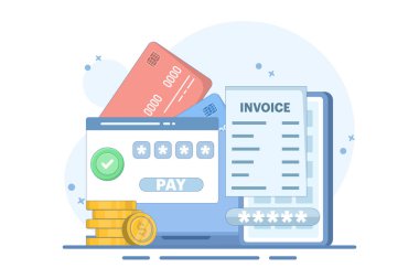Çevrimiçi ödeme kavramı. Elektronik faturalı bir cihaz. SMS ile finansal işlemlerin doğrulanması. Arka planda para ve kartlar var. Arkaplanda düz biçim vektör illüstrasyonu.