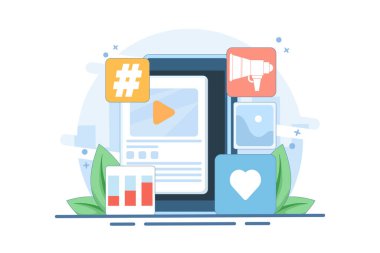 Sosyal Medya Pazarlama Konsepti, modern dijital pazarlama, reklam kampanyaları ve mobil uygulamalarda çevrimiçi promosyonlar, sosyal ağlarda reklam içeriği. Düz Vektör İllüstrasyonu.