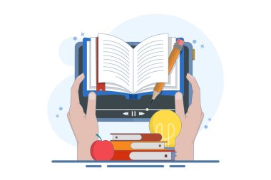 Çevrimiçi eğitim kavramı, bir kişi başarı ve daha iyi fikirler elde etmek için bilgi kazanır. Çevrimiçi eğitim ya da iş eğitimi. Açık kitap, ampul, elma, düz vektör illüstrasyonlu aygıt.