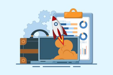 İş hayatında büyüme ve başarı kavramı. İçinde madeni paralar ve pano bulunan çantadan roket fırlatma, büyümeyi ve iş dünyasındaki başarıyı simgeliyor. arkaplanda düz vektör illüstrasyonu.