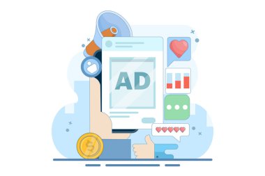 Sosyal medya reklam kavramı, daha fazla trafik, dönüşüm ve satış elde etmek için sosyal medya reklamları yapmak. Çevrimiçi yönetim ya da reklam. arkaplanda simgelerle düz vektör illüstrasyonu.