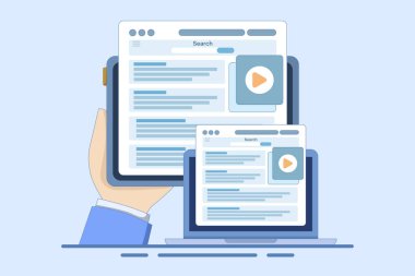 Video pazarlama kampanyası, video reklamı, canlı yayın veya medya klibi markayı, etkili reklamcılığı, içerik pazarlamasını veya çevrimiçi dijital kampanyayı tanıtmak için. arkaplanda düz vektör illüstrasyonu.