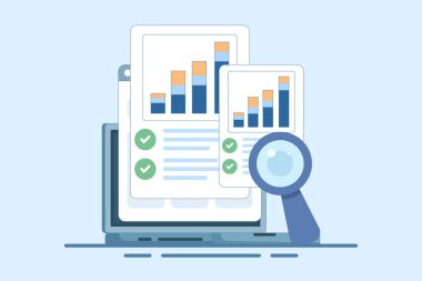 Çevrimiçi mali denetim araştırma konsepti web analitik aygıt ekranı, düz dijital rapor analizleri, muhasebe konsepti veya finansal satış pazar istatistik denetimi veya kalite değerlendirmesi.