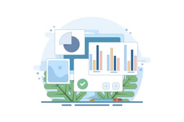 Veri Analizi Kavramı, Yeni Fikirler Oluşturuluyor. İş Analizi. Veri analizi, mobil uygulama denetimi. Cihaz ekranında grafikleri olan dijital belge araştırması. Arkaplanda düz vektör illüstrasyonu.