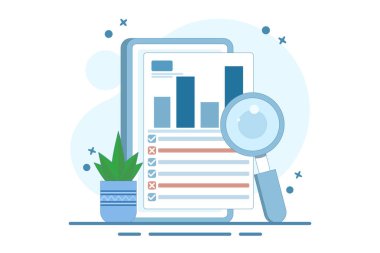 Mali İfade Analizi Konsepti, iş raporu ve yatırım izleme paneline ilişkin veri analizi. Büyüteçli Business Financial Flowchart Raporu. Düz Tasarım vektör çizimi.