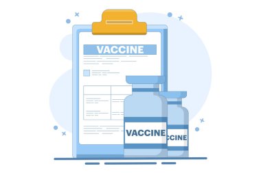 Virüse karşı küresel aşı hazırlama konsepti. Aşı klinik deneyler için hazır. Bağışıklık kampanyası konsepti. Simgeli düz çizgi film vektör çizimi.