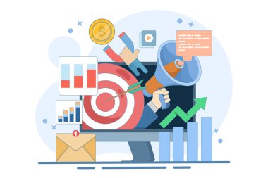 Çevrimiçi dijital pazarlama kavramı, mobil uygulamalarda online reklam ve tanıtım kampanyası, sosyal ağlarda reklam içeriği. Düz tasarım vektör iniş sayfası çizimi.