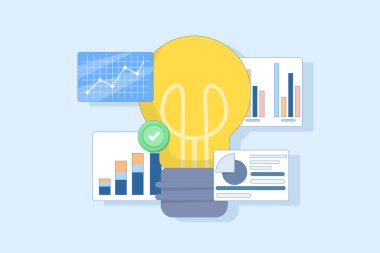 Veri Kavramı Analizi, Yeni Fikirler Oluşturuluyor. Yeni Girişim, İş Misyonu, Yaratıcı Fikirler ve Analizler üzerinde çalışıyorum. Yeni yaratıcı fikirleri araştırıyorum. Arkaplanda Düz Çizgi film Vektör İllüstrasyonu.