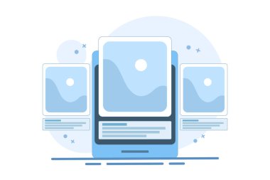 Mobil fotoğrafçılık uygulaması kavramı, sosyal ağ uygulaması fotoğraf yorumları cep telefonunda veya çevrimiçi toplum hizmeti resmi paylaşımı. arkaplanda düz vektör illüstrasyonu.