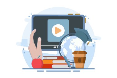 Çevrimiçi eğitim konsepti, evde eğitim. Üniversite ödevi. Evde bilgisayarla çalış. Dünya haritalı bilgisayar, mezuniyet şapkası, lamba, izole edilmiş arka planda elma, dijital pazarlama illüstrasyonu.