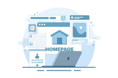 Ana sayfa konsepti, dizüstü bilgisayarda web sayfası tasarımı. Web sitesi geliştirme, optimizasyon ve kurulum üzerinde çalışıyorum. Modern düz çizgi film tarzı. Arkaplanda vektör illüstrasyonu.