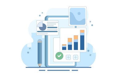 Veri Analizi Kavramı, Yeni Fikirler Oluşturuluyor. İş Analizi. Veri analizi, mobil uygulama denetimi. Cihaz ekranında grafikleri olan dijital belge araştırması. Arkaplanda düz vektör illüstrasyonu.