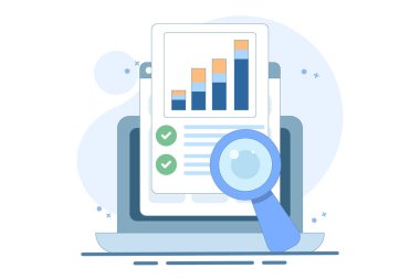 Çevrimiçi mali denetim araştırma konsepti web analitik aygıt ekranı, düz dijital rapor analizleri, muhasebe konsepti veya finansal satış pazar istatistik denetimi veya kalite değerlendirmesi.