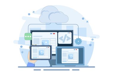 Bulut tabanlı web sunucu kavramı, bulut sunucusunda sunulan web sitesi, bulut sunucusu depolamasında yedekleme dosyası teknolojisi. Web siteleri ve uygulamalar için bulut sunucusu, düz vektör illüstrasyonu.