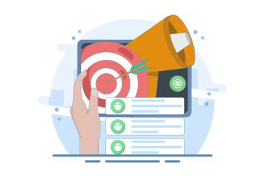 E- posta pazarlama kavramı, Çevrimiçi iş stratejisi, ekranda gösterilen bir dizi yeni e- posta, reklam, e-posta bülteni, mesaj, pazarlama materyali, arka planda düz illüstrasyon.