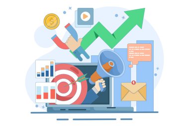 Çevrimiçi dijital pazarlama kavramı, mobil uygulamalarda online reklam ve tanıtım kampanyası, sosyal ağlarda reklam içeriği. Düz tasarım vektör iniş sayfası çizimi.