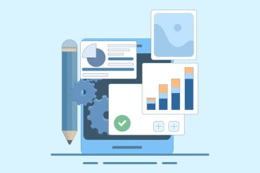 Veri Analizi Kavramı, Yeni Fikirler Oluşturuluyor. İş Analizi. Veri analizi, mobil uygulama denetimi. Cihaz ekranında grafikleri olan dijital belge araştırması. Arkaplanda düz vektör illüstrasyonu.