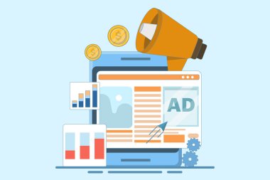 Web sitesi reklam kampanyası konsepti, dijital reklam ağlarıyla web sitesi tanıtımı, marka pazarlaması, çevrimiçi marka farkındalığı kampanyası, dijital pazarlama, düz vektör illüstrasyonu.