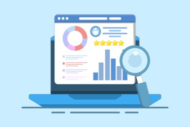 Çevrimiçi iş raporlu iş kavramı, iş verileri analizi, iş dünyası için büyük veriler, veri bilimi, iş istatistikleri ve açıklamaları, analitik gösterge paneli. Düz vektör illüstrasyonu.